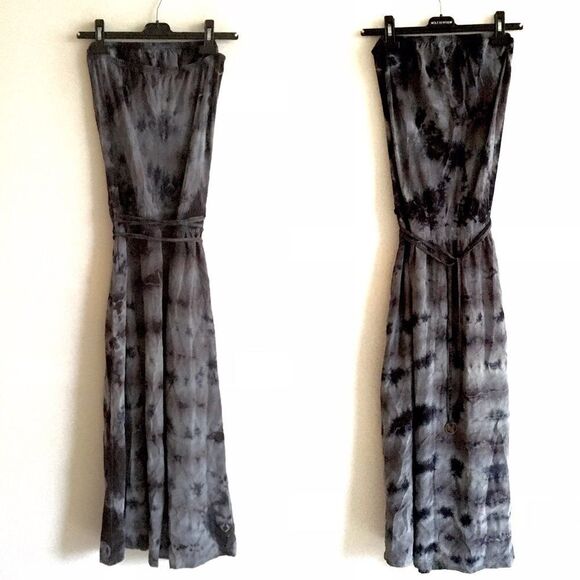 GYPSY 05 silk tie-Dye boho strapless maxi dress blue grey M - Picture 3 of 8